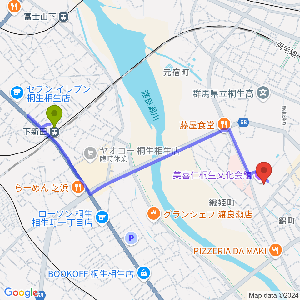 下新田駅から美喜仁桐生文化会館へのルートマップ地図
