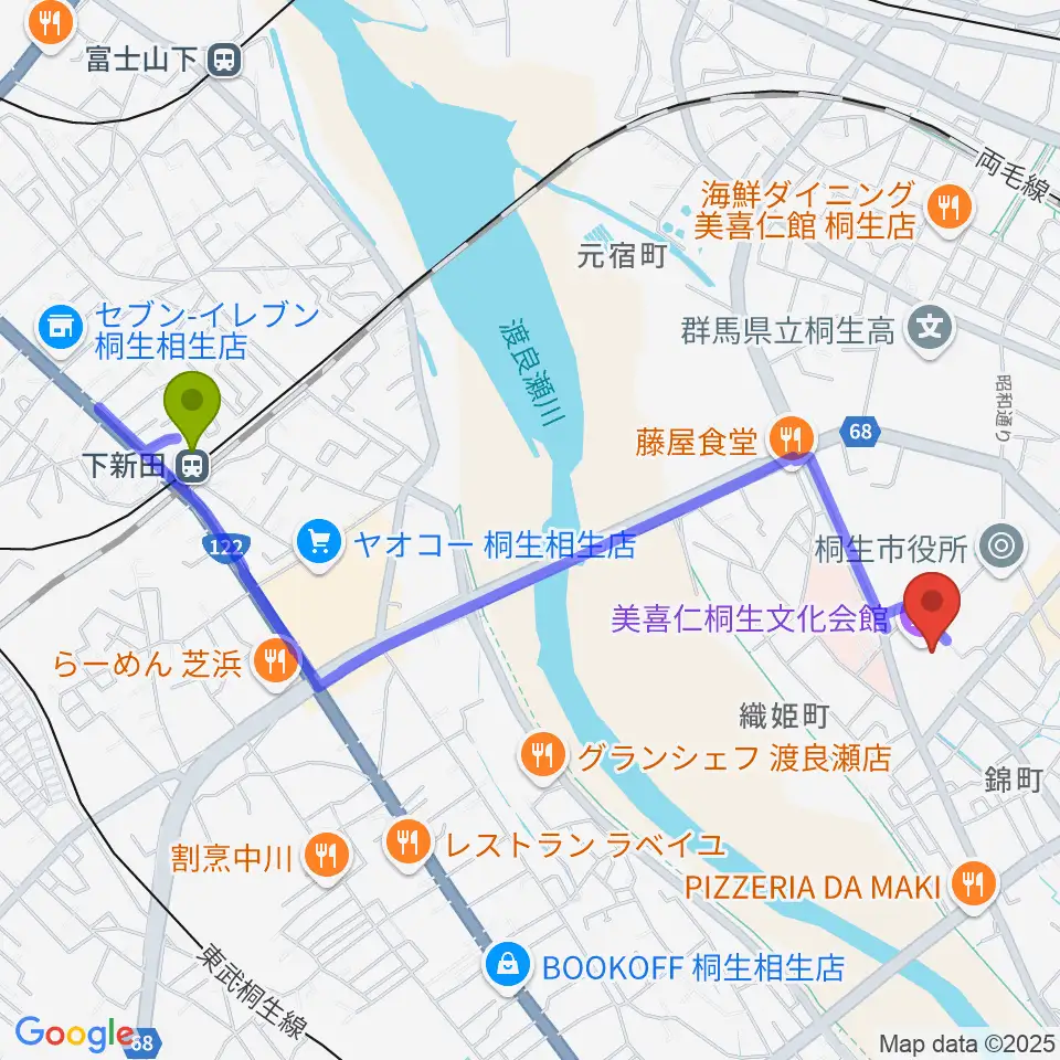 下新田駅から美喜仁桐生文化会館へのルートマップ地図