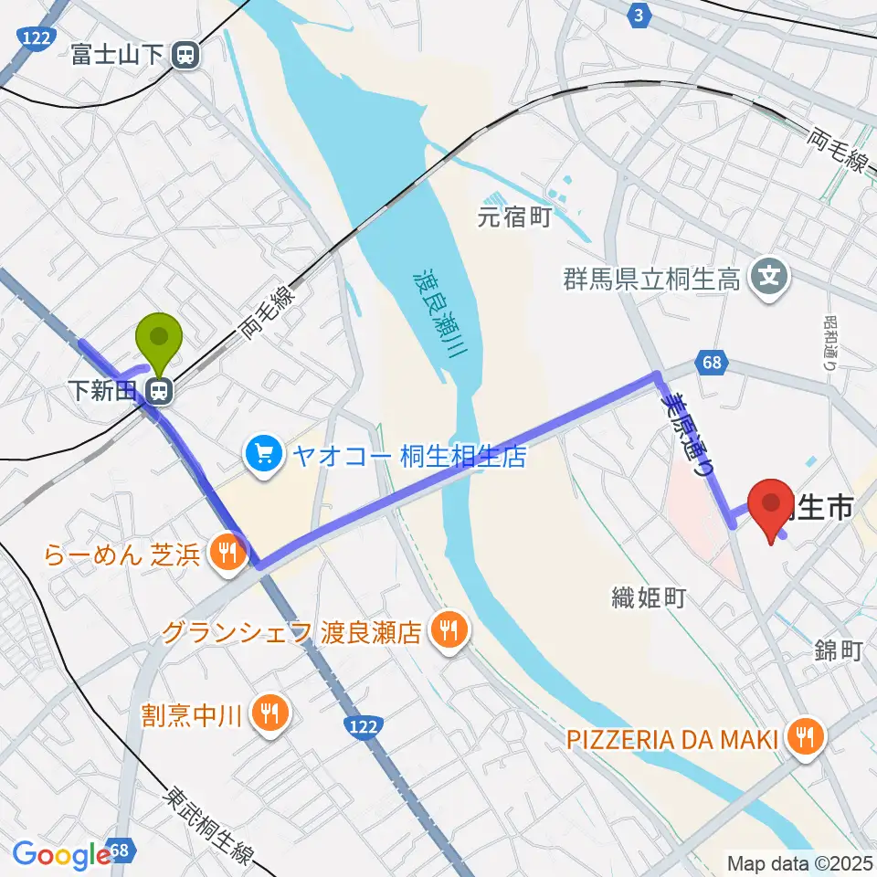 下新田駅から美喜仁桐生文化会館へのルートマップ地図