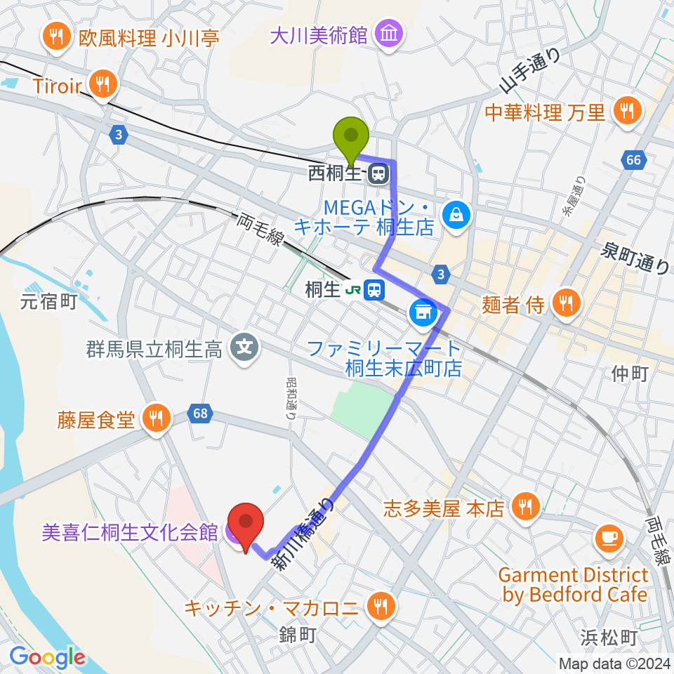 西桐生駅から美喜仁桐生文化会館へのルートマップ地図