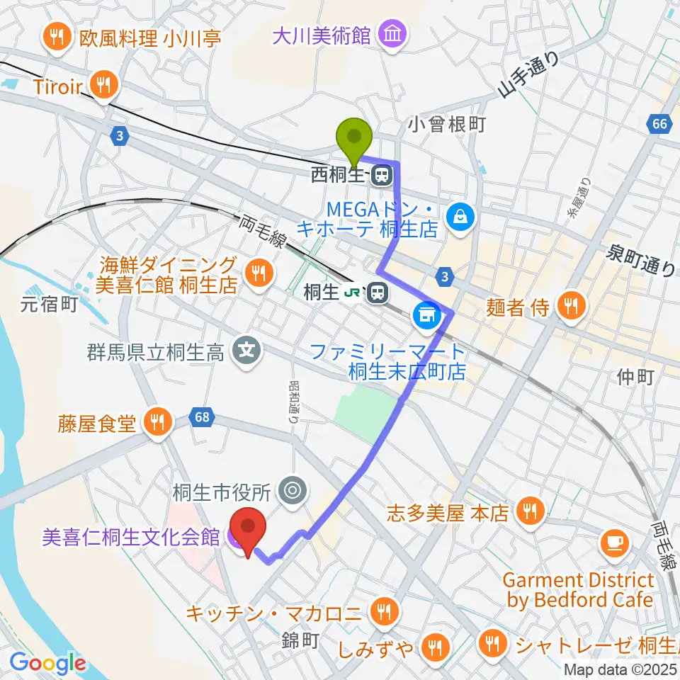 西桐生駅から美喜仁桐生文化会館へのルートマップ地図