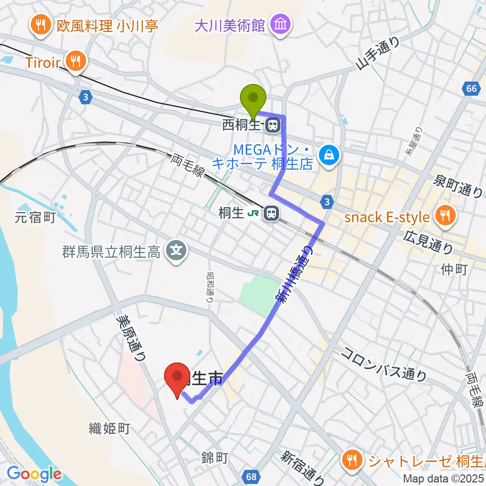 西桐生駅から美喜仁桐生文化会館へのルートマップ地図