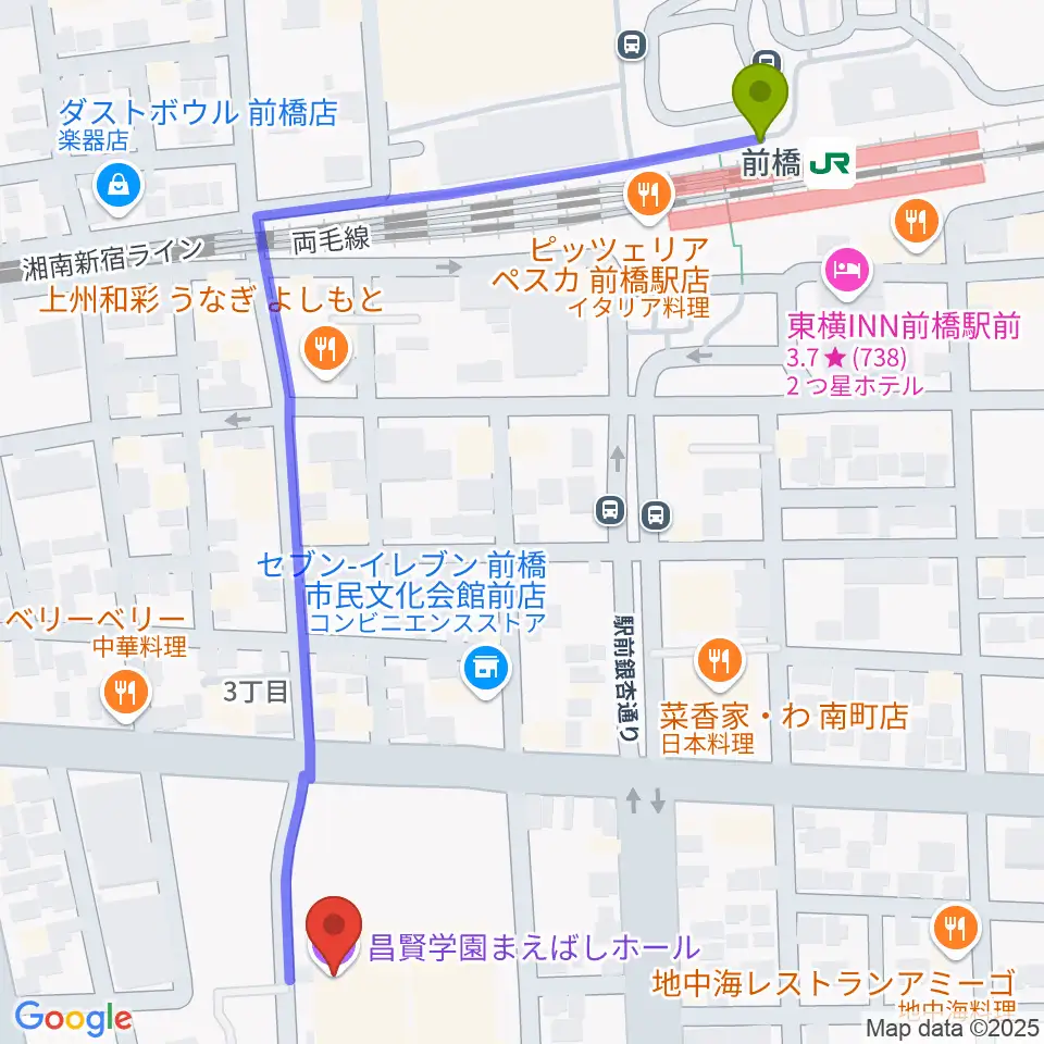 昌賢学園まえばしホールの最寄駅前橋駅からの徒歩ルート（約7分）地図