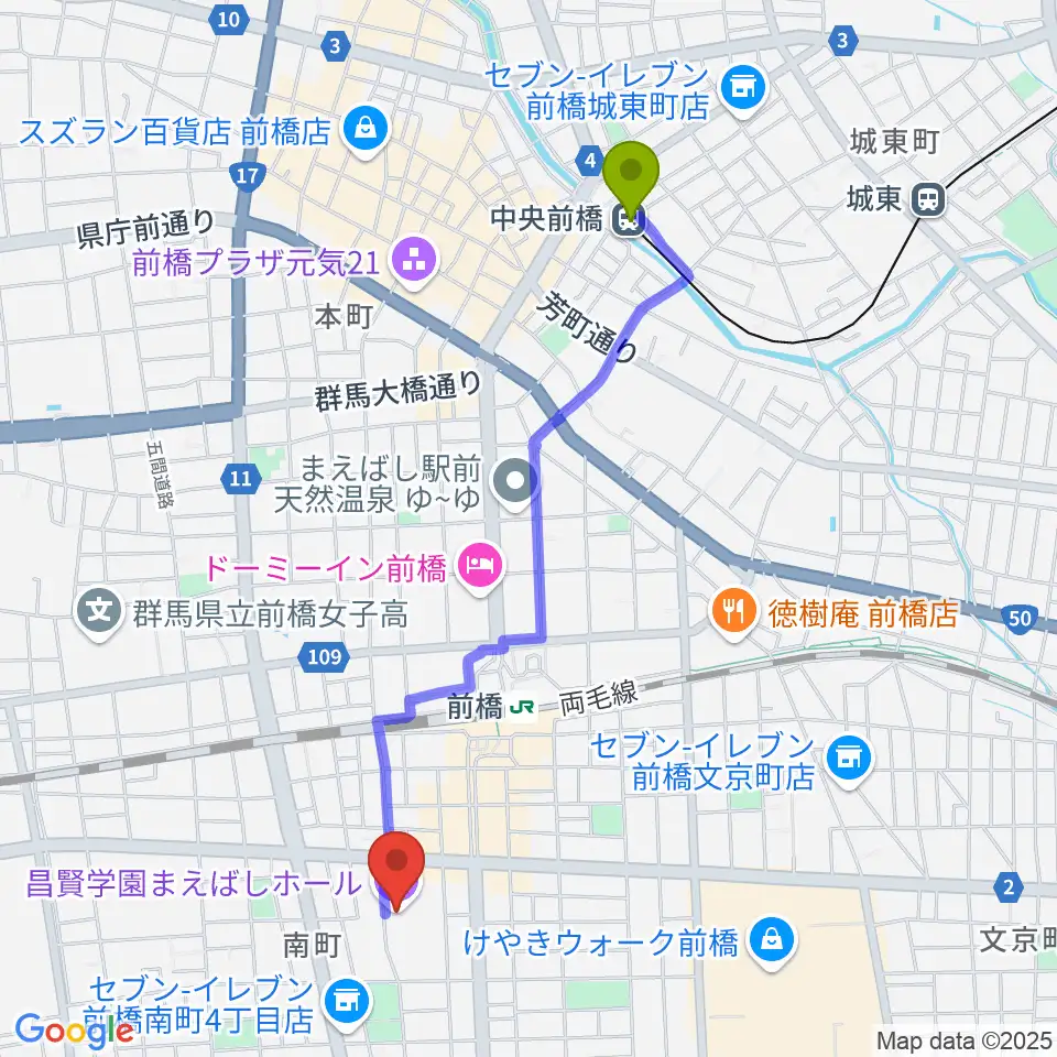 中央前橋駅から昌賢学園まえばしホールへのルートマップ地図