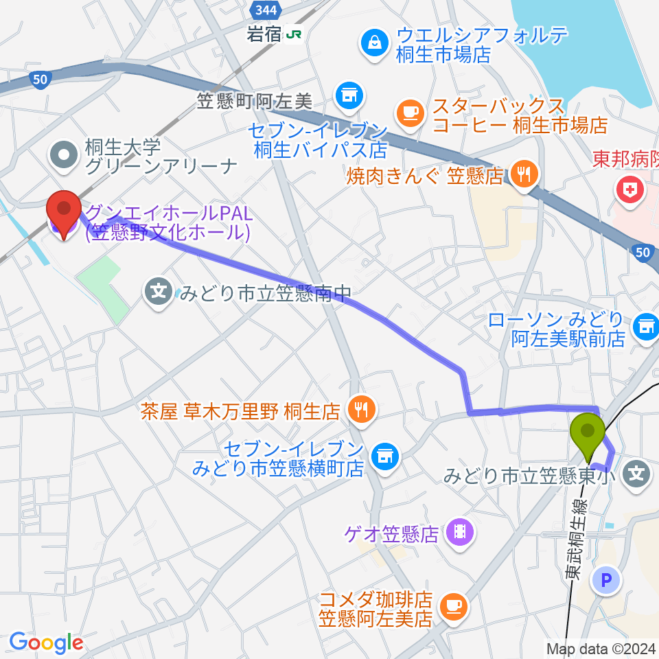 阿左美駅からグンエイホールPAL（笠懸野文化ホール）へのルートマップ地図