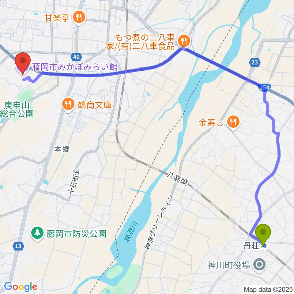 丹荘駅から藤岡市みかぼみらい館へのルートマップ地図