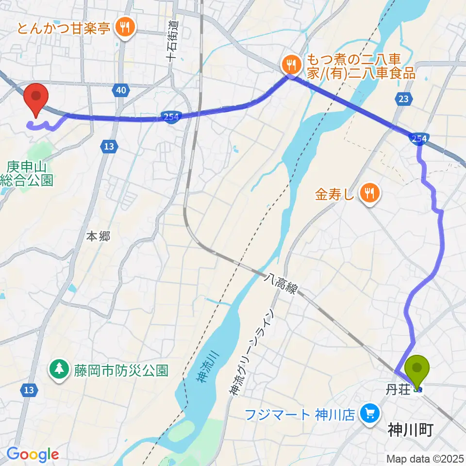 丹荘駅から藤岡市みかぼみらい館へのルートマップ地図