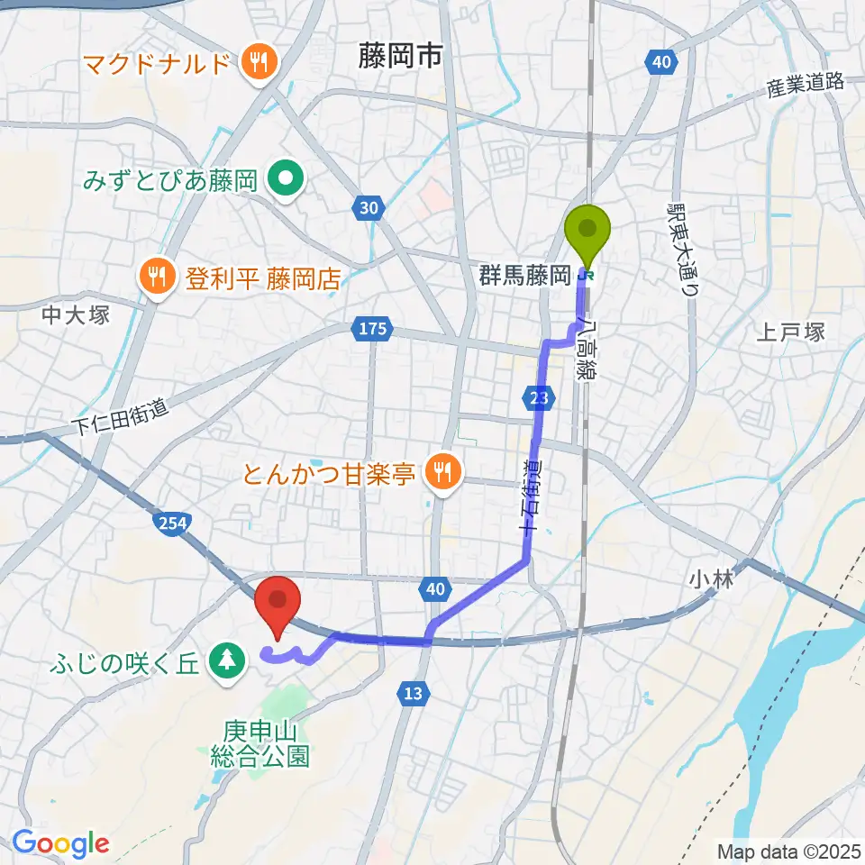 藤岡市みかぼみらい館の最寄駅群馬藤岡駅からの徒歩ルート（約34分）地図