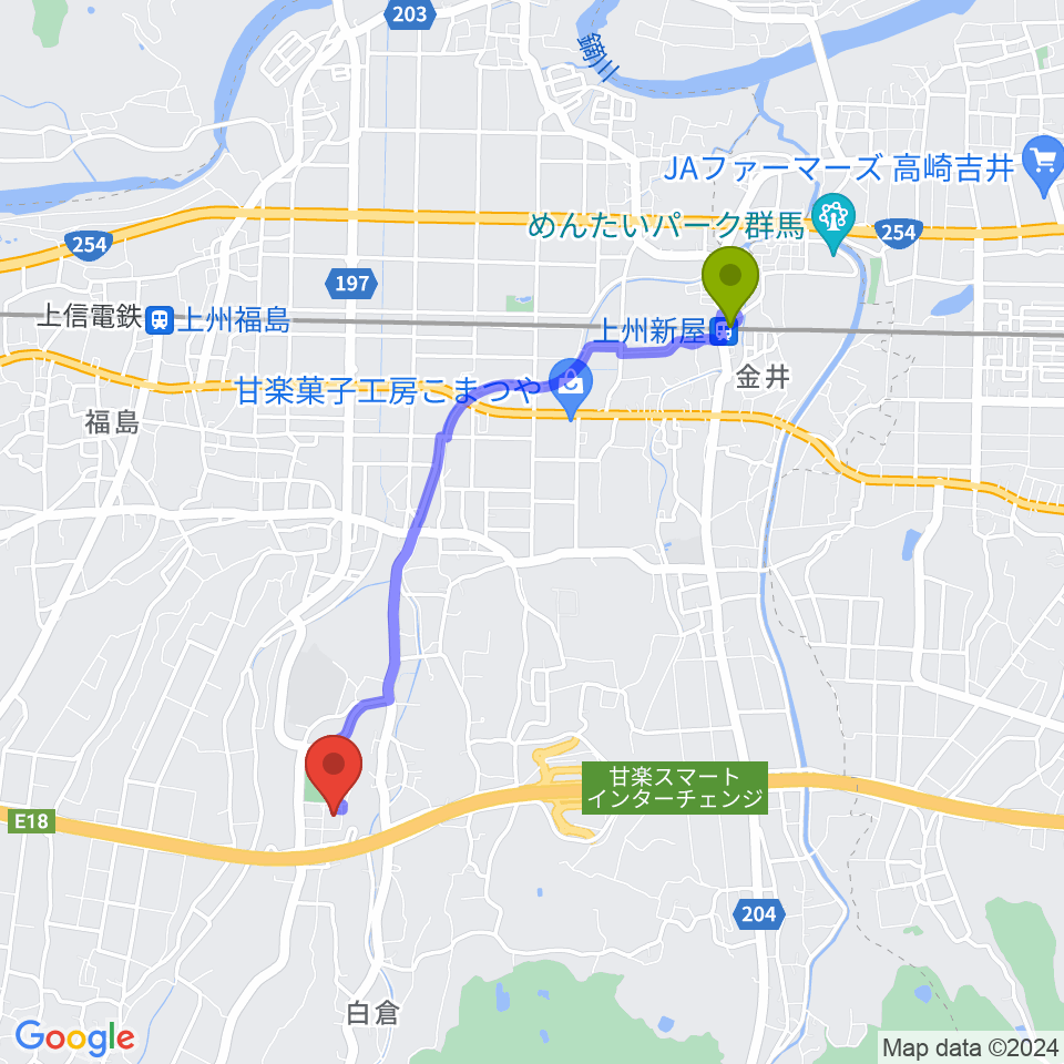 上州新屋駅から甘楽町文化会館へのルートマップ地図