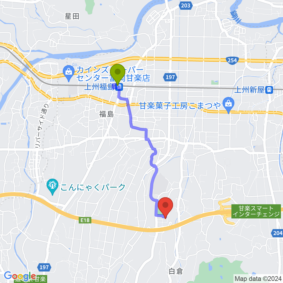 甘楽町文化会館の最寄駅上州福島駅からの徒歩ルート（約31分）地図