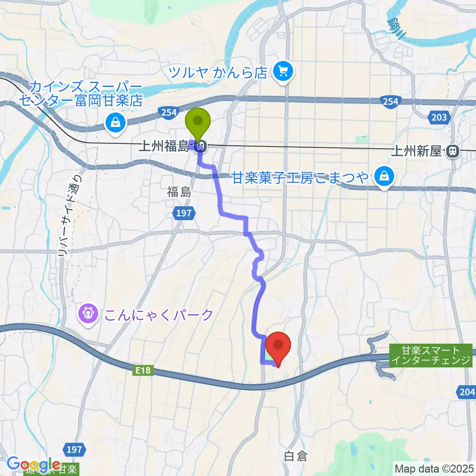 甘楽町文化会館の最寄駅上州福島駅からの徒歩ルート（約31分）地図