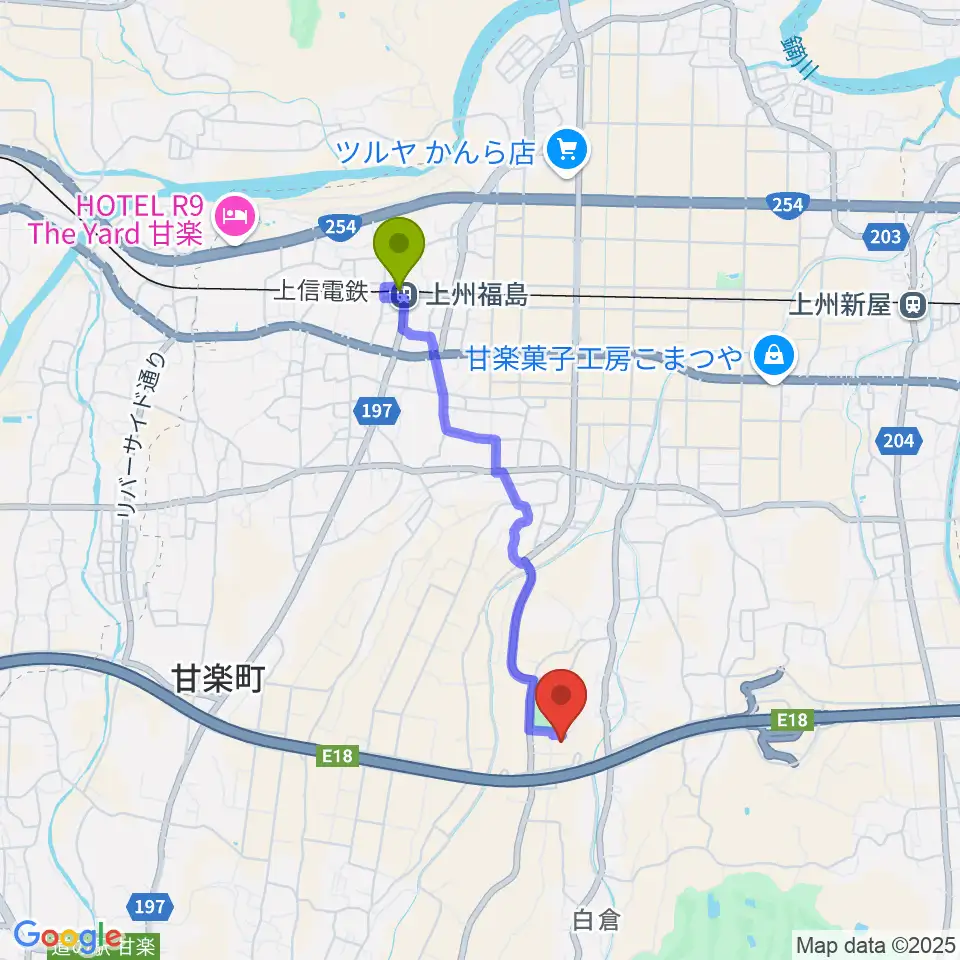 甘楽町文化会館の最寄駅上州福島駅からの徒歩ルート（約31分）地図