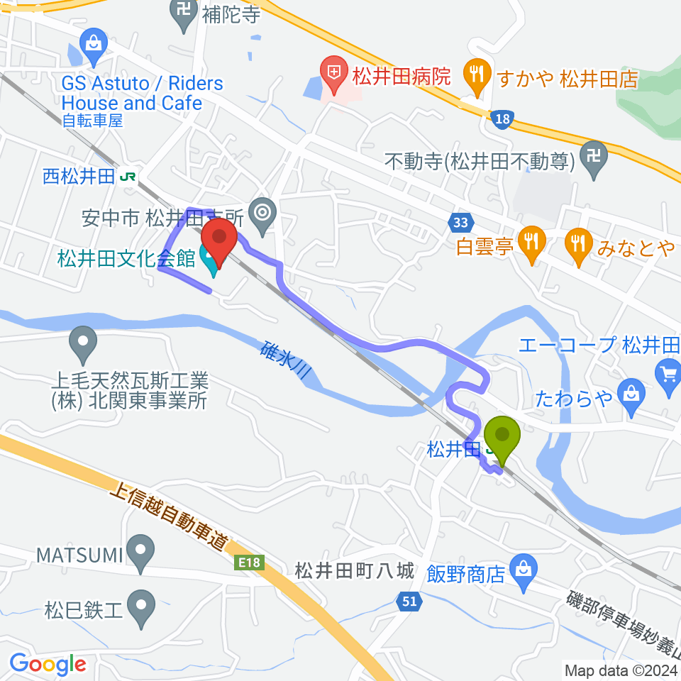 松井田駅から松井田文化会館へのルートマップ地図