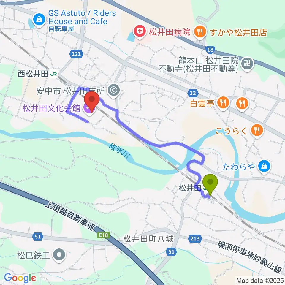 松井田駅から松井田文化会館へのルートマップ地図