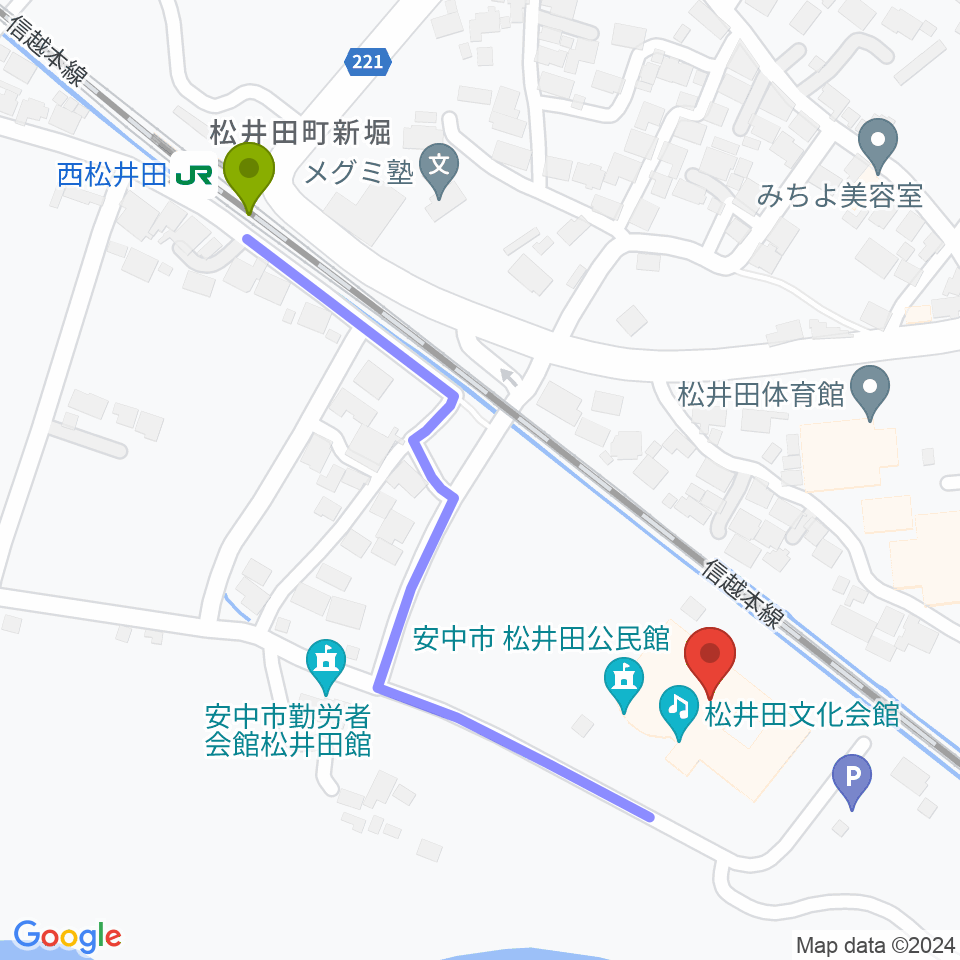 松井田文化会館の最寄駅西松井田駅からの徒歩ルート（約5分）地図