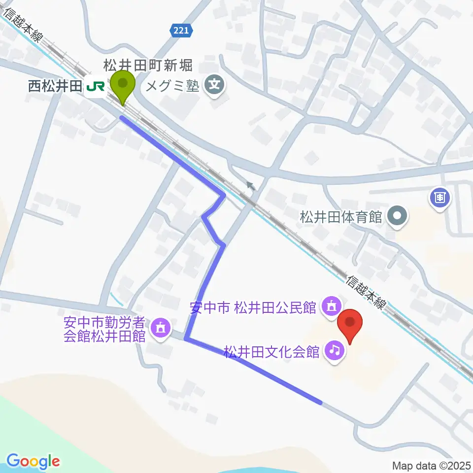 松井田文化会館の最寄駅西松井田駅からの徒歩ルート（約5分）地図