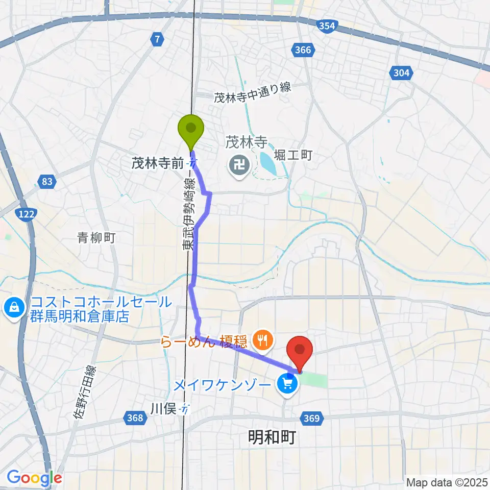 茂林寺前駅から日本キャンパックホールへのルートマップ地図