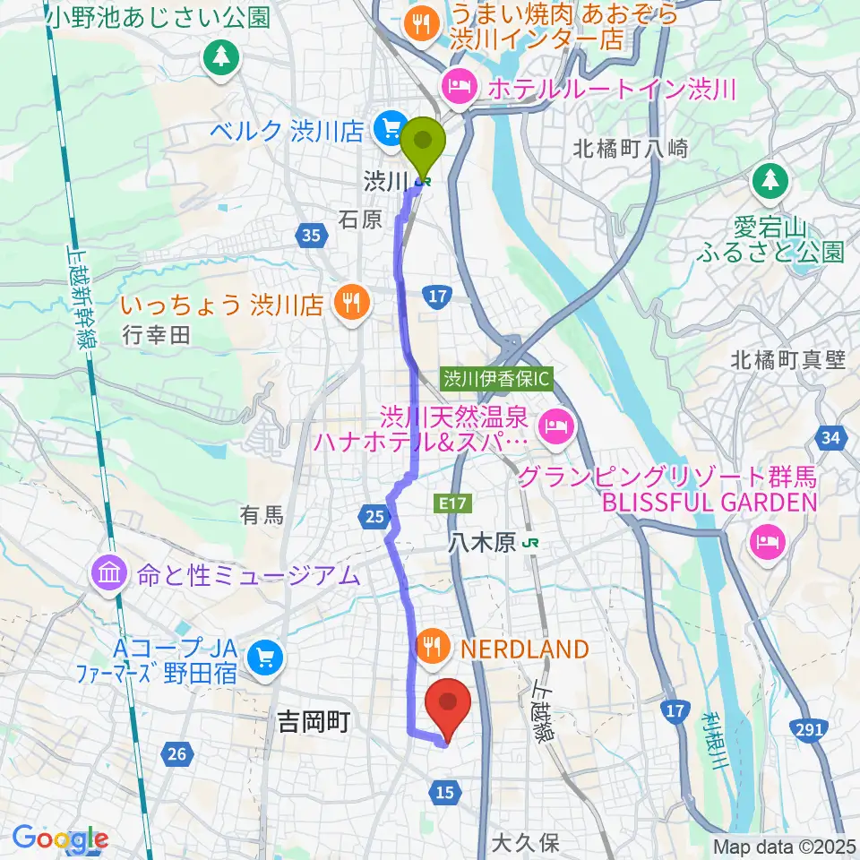 渋川駅から吉岡町文化センターへのルートマップ地図