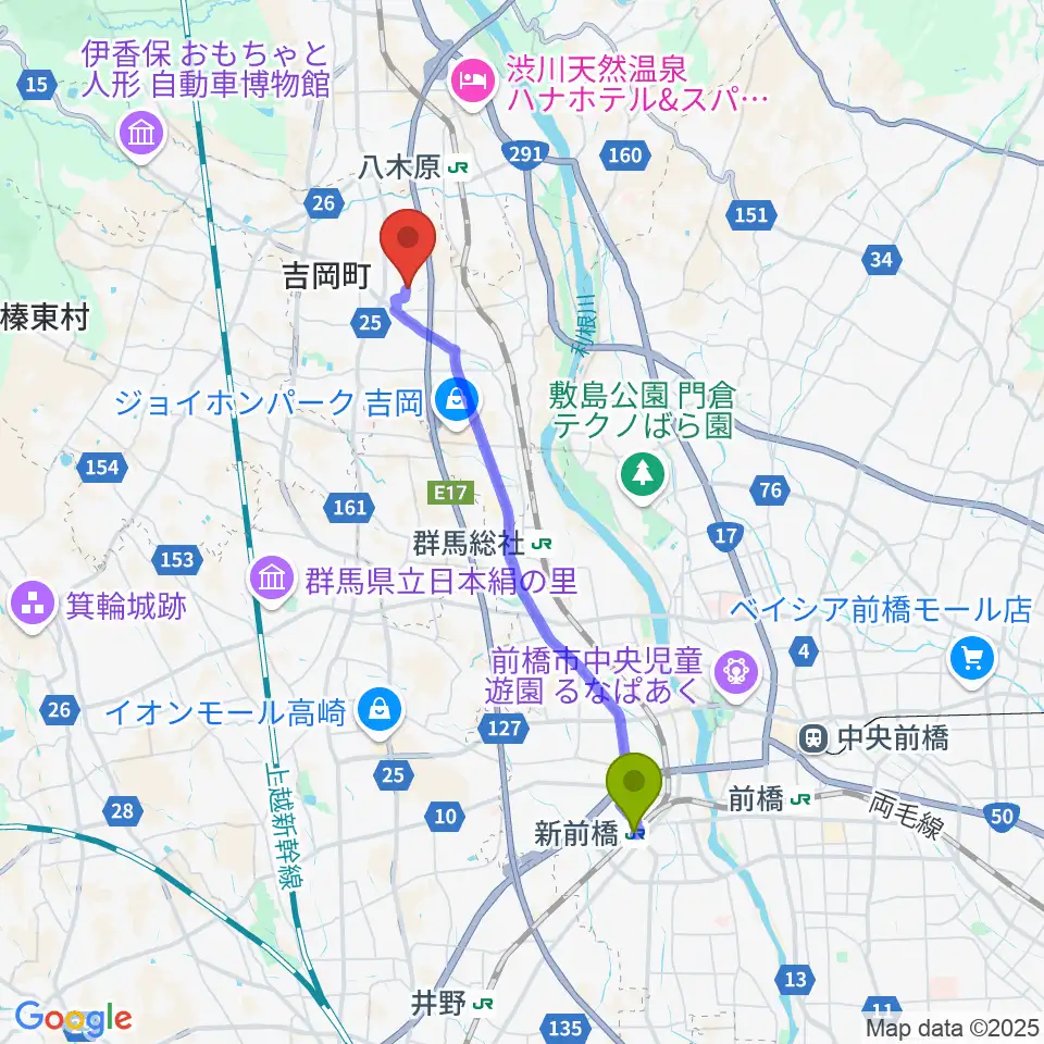 新前橋駅から吉岡町文化センターへのルートマップ地図