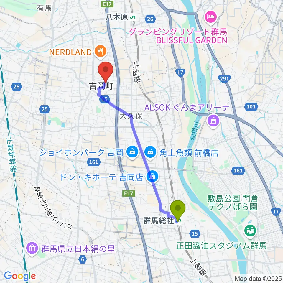 群馬総社駅から吉岡町文化センターへのルートマップ地図