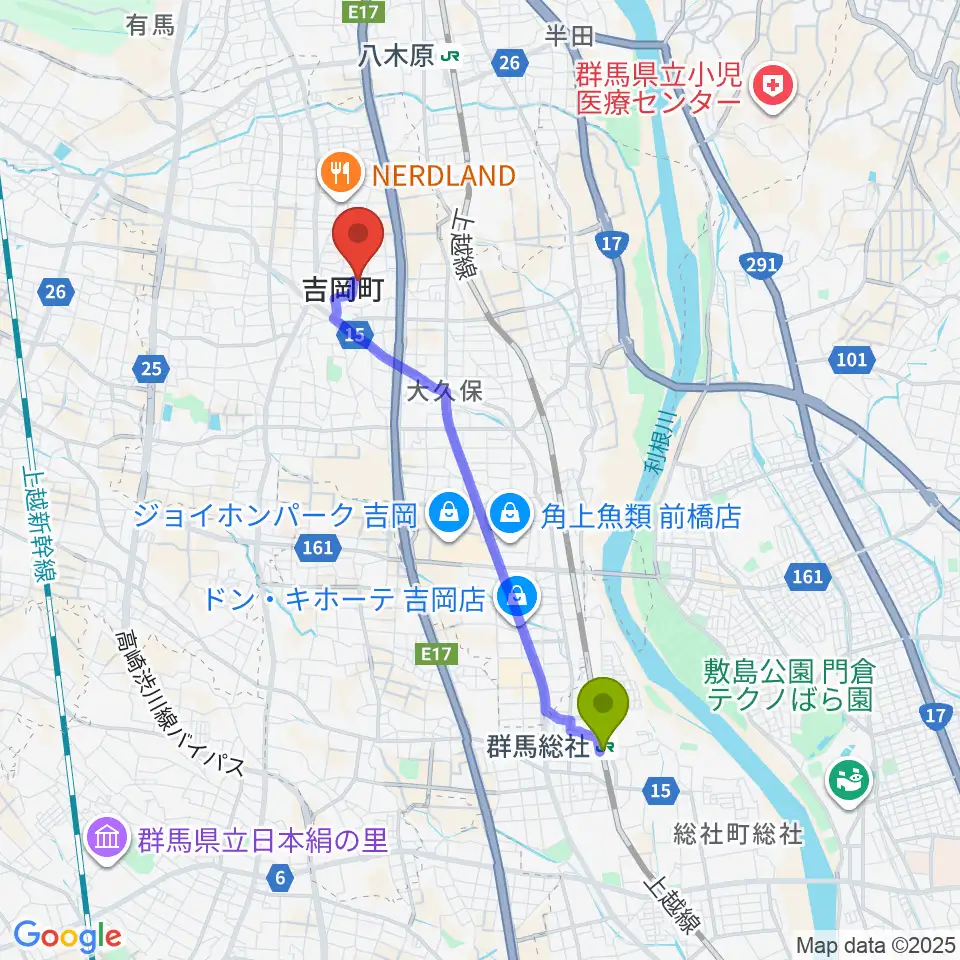 群馬総社駅から吉岡町文化センターへのルートマップ地図