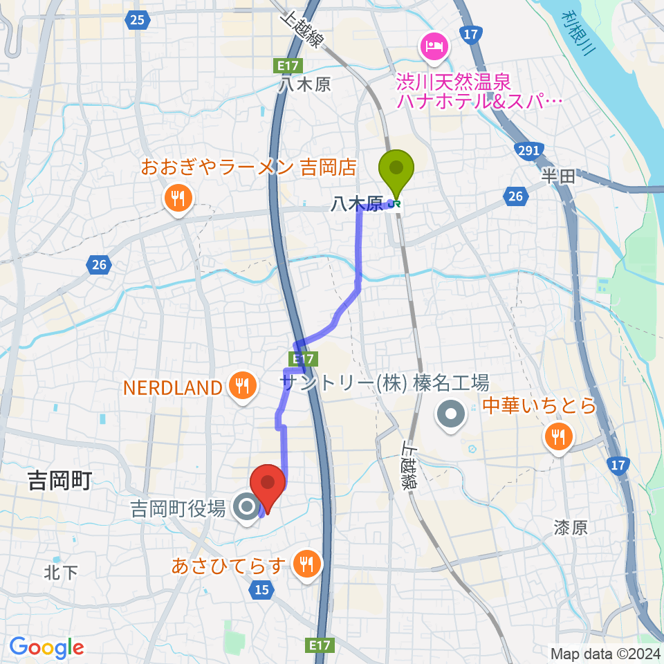 吉岡町文化センターの最寄駅八木原駅からの徒歩ルート（約31分）地図