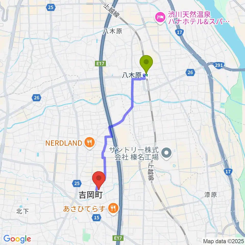 吉岡町文化センターの最寄駅八木原駅からの徒歩ルート（約31分）地図