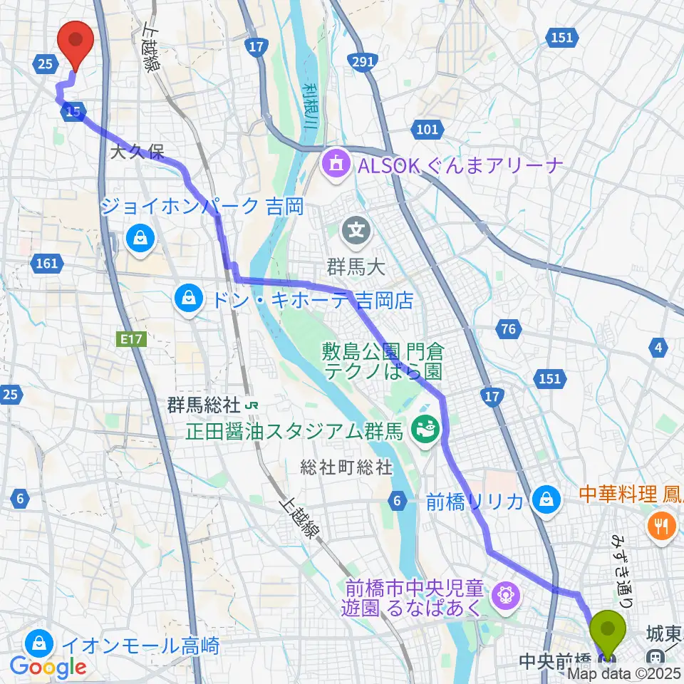 中央前橋駅から吉岡町文化センターへのルートマップ地図