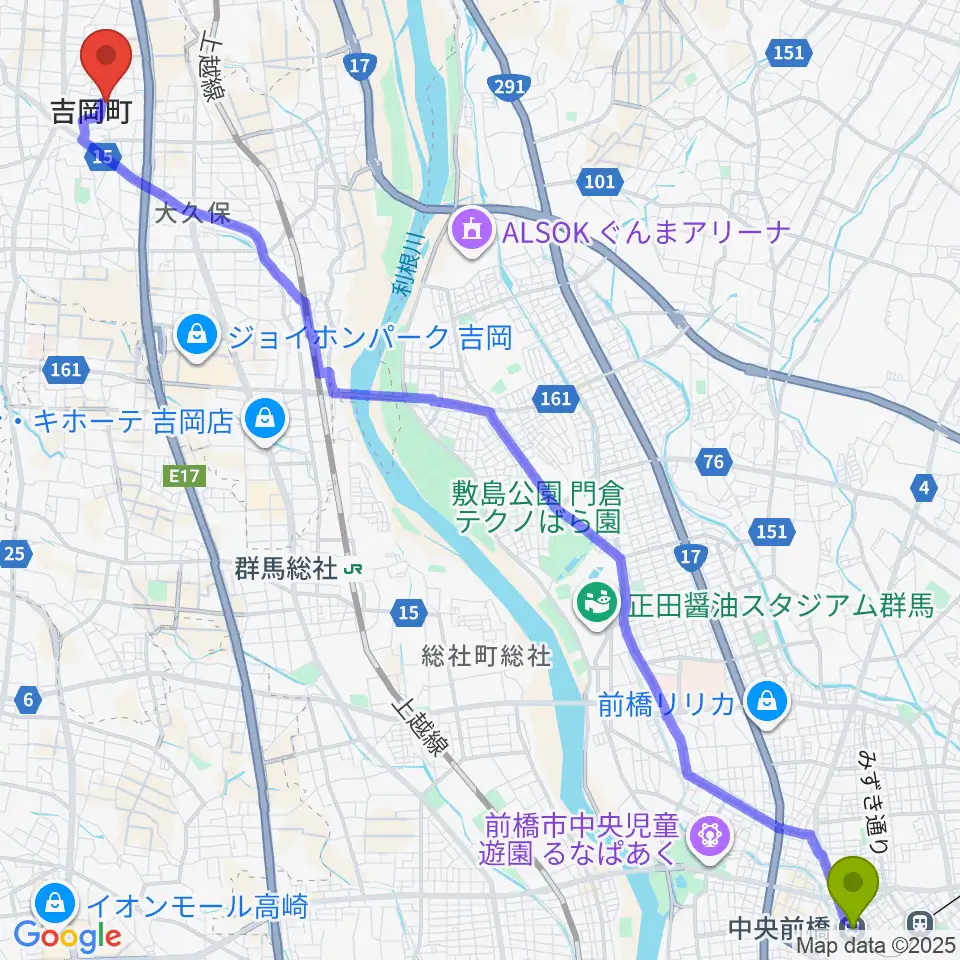 中央前橋駅から吉岡町文化センターへのルートマップ地図