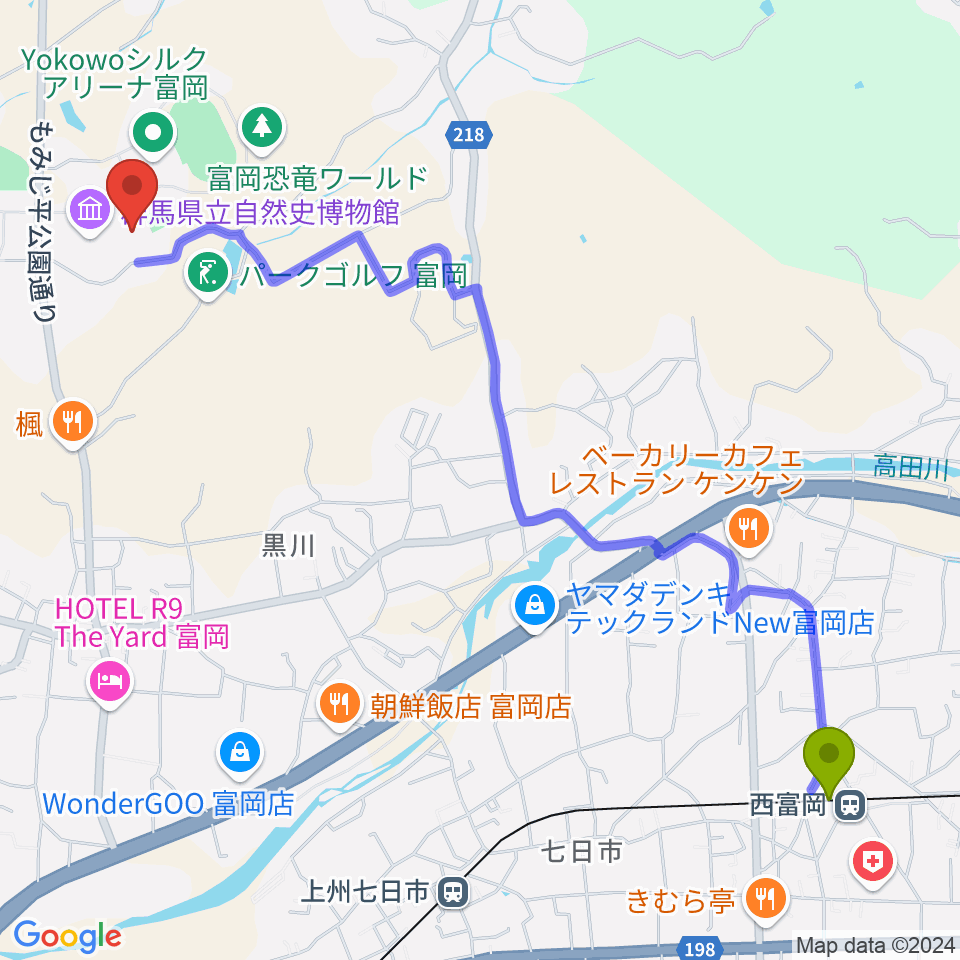 西富岡駅から富岡市かぶら文化ホールへのルートマップ地図