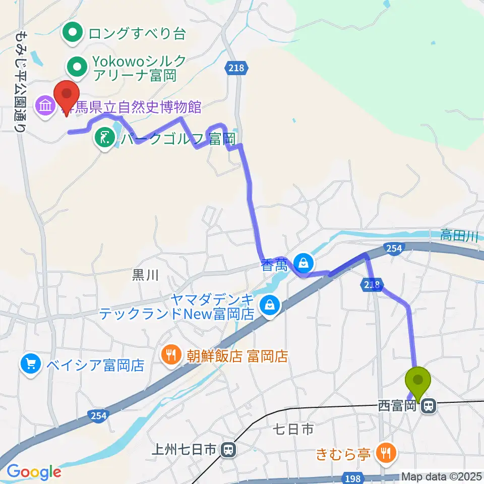 西富岡駅から富岡市かぶら文化ホールへのルートマップ地図