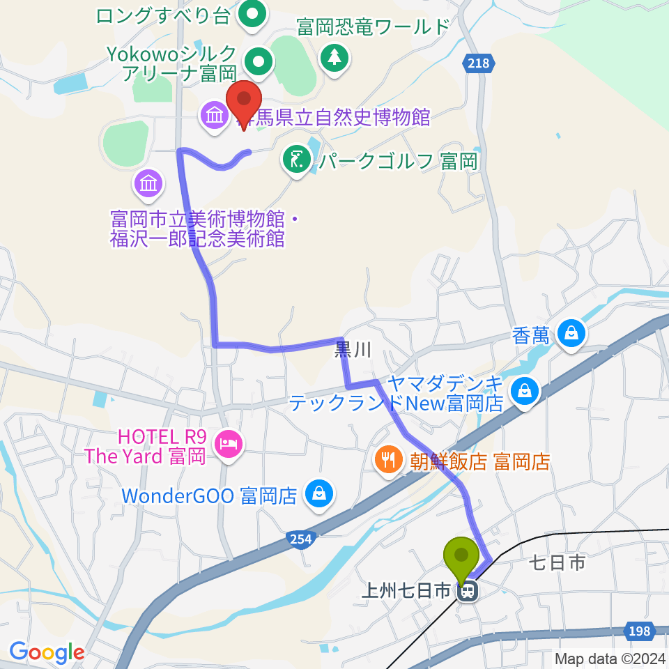 富岡市かぶら文化ホールの最寄駅上州七日市駅からの徒歩ルート（約23分）地図