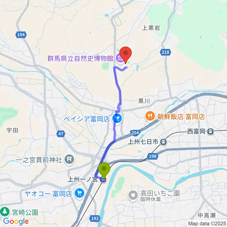 上州一ノ宮駅から富岡市かぶら文化ホールへのルートマップ地図