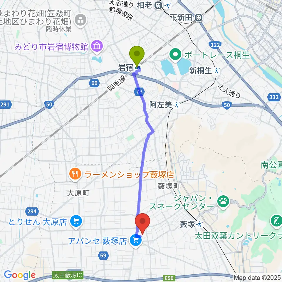 岩宿駅から太田市藪塚本町文化ホール カルトピアへのルートマップ地図