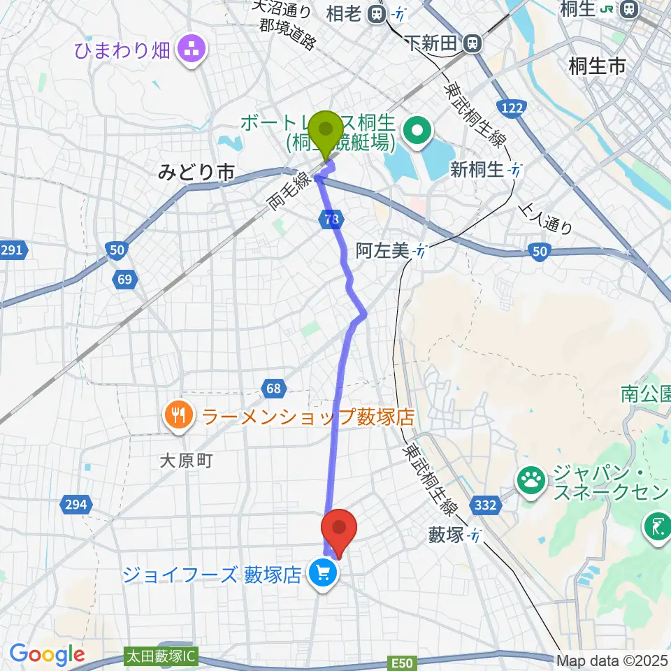 岩宿駅から太田市藪塚本町文化ホール カルトピアへのルートマップ地図