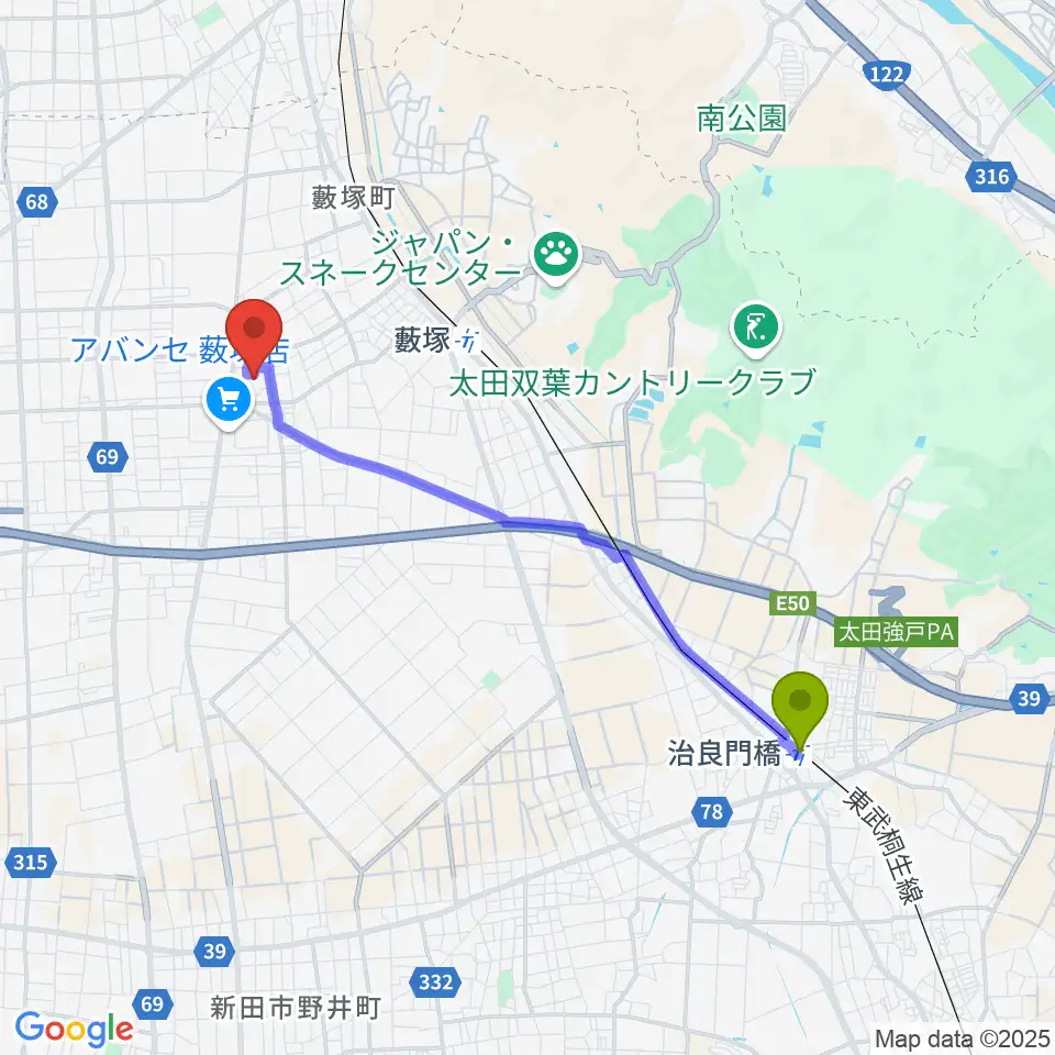治良門橋駅から太田市藪塚本町文化ホール カルトピアへのルートマップ地図