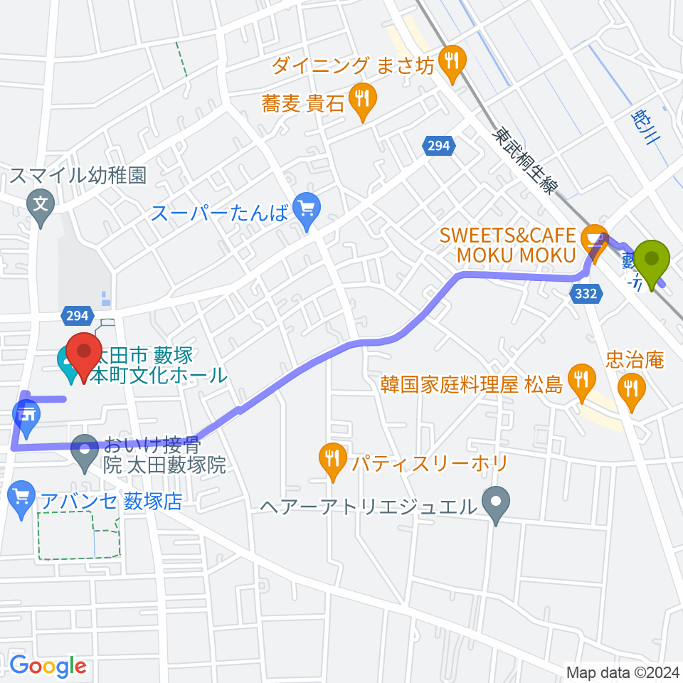 太田市藪塚本町文化ホール カルトピアの最寄駅藪塚駅からの徒歩ルート（約26分）地図