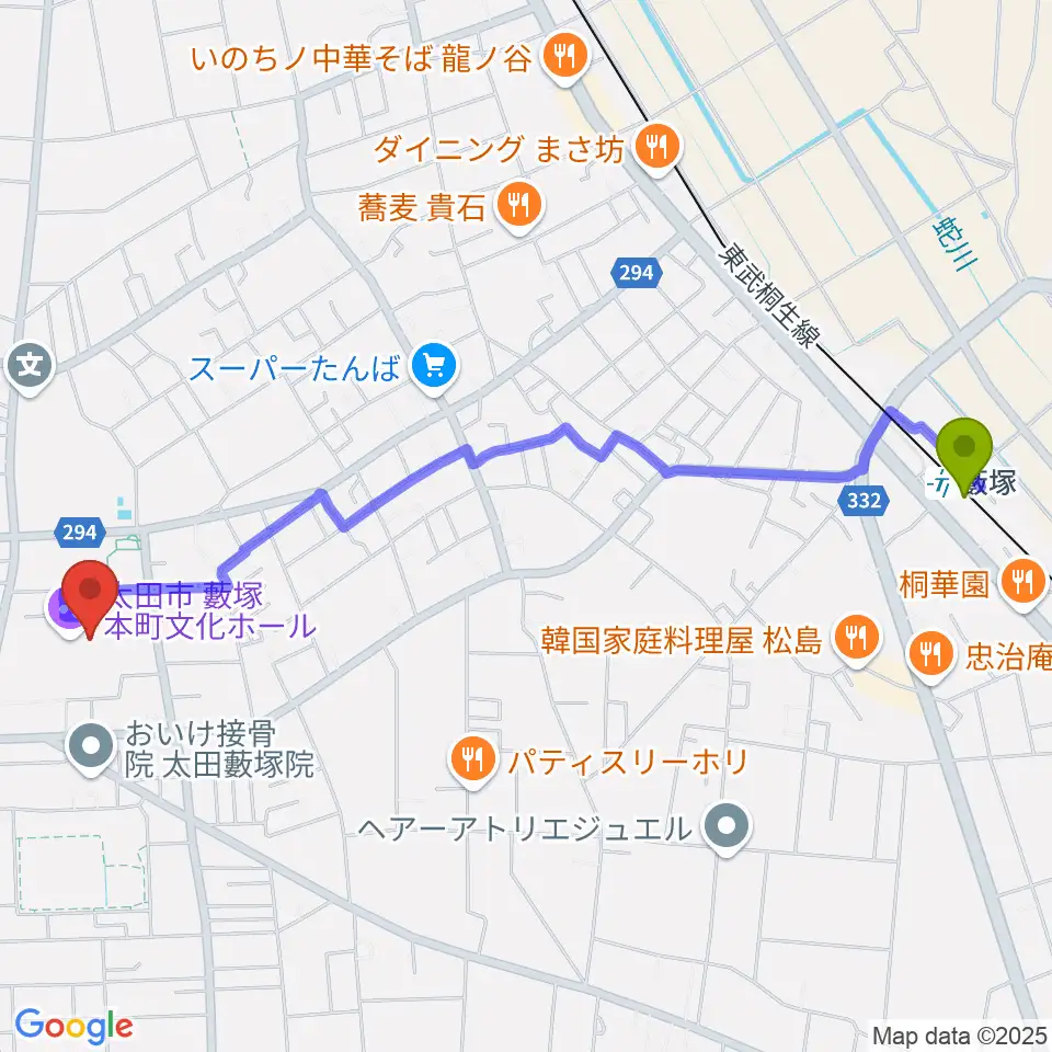太田市藪塚本町文化ホール カルトピアの最寄駅藪塚駅からの徒歩ルート（約26分）地図