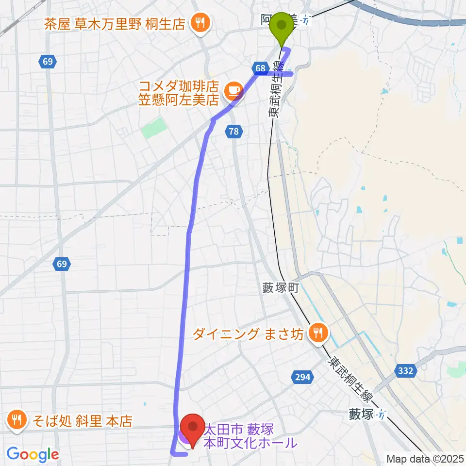 阿左美駅から太田市藪塚本町文化ホール カルトピアへのルートマップ地図