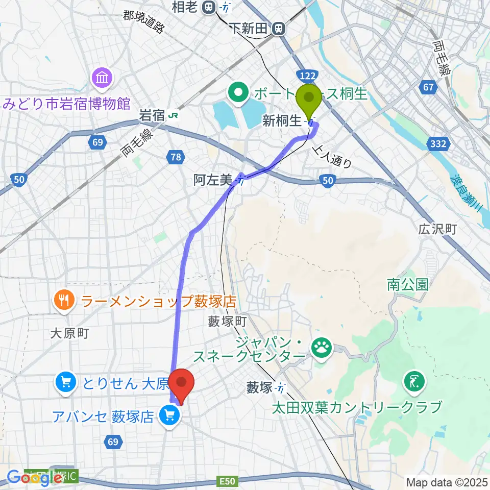新桐生駅から太田市藪塚本町文化ホール カルトピアへのルートマップ地図