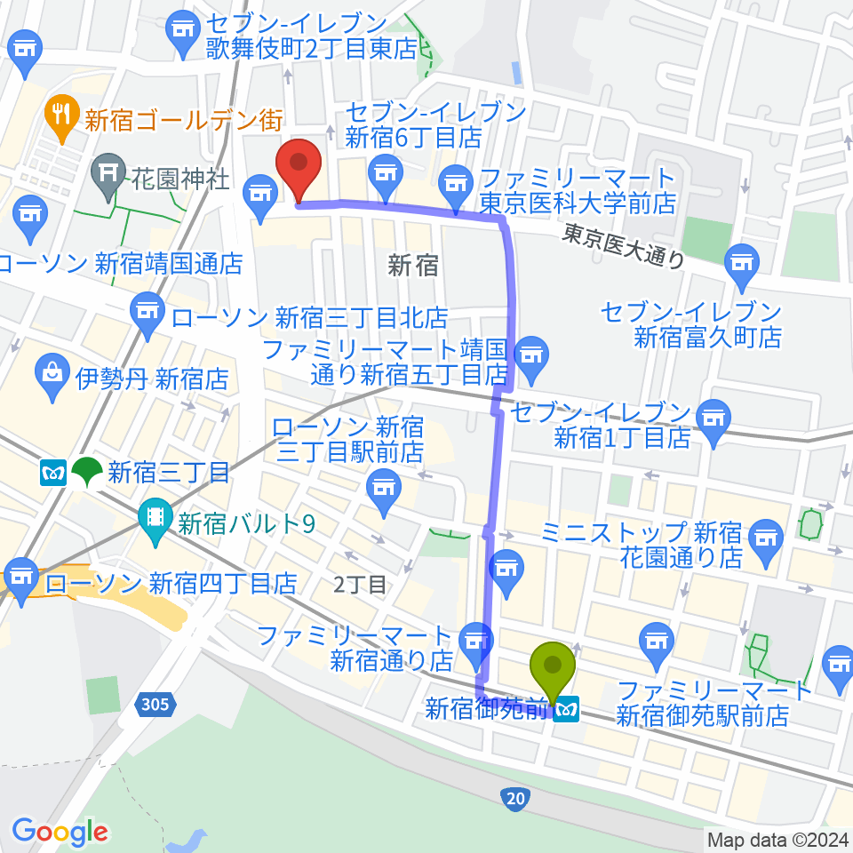 新宿御苑前駅から新宿レフカダへのルートマップ地図