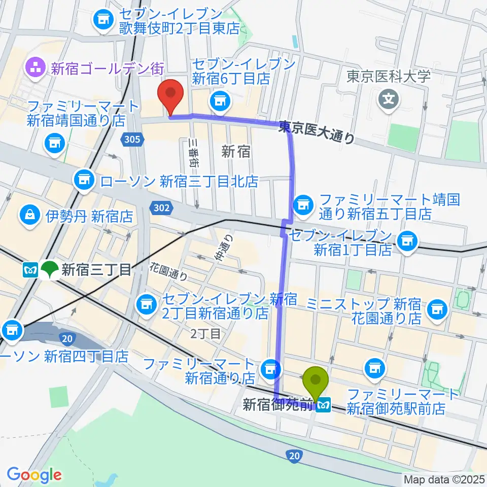 新宿御苑前駅から新宿レフカダへのルートマップ地図
