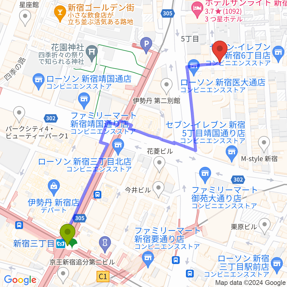新宿レフカダの最寄駅新宿三丁目駅からの徒歩ルート（約6分）地図