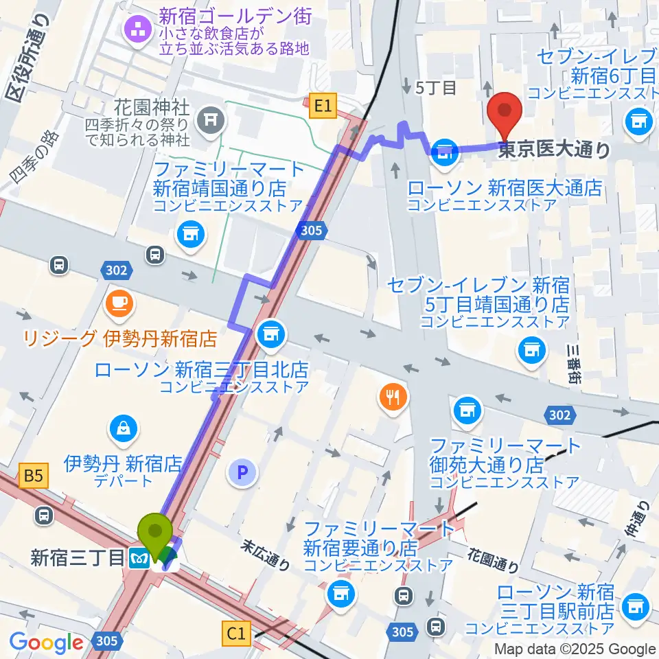 新宿レフカダの最寄駅新宿三丁目駅からの徒歩ルート（約6分）地図