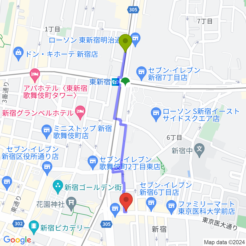 東新宿駅から新宿レフカダへのルートマップ地図