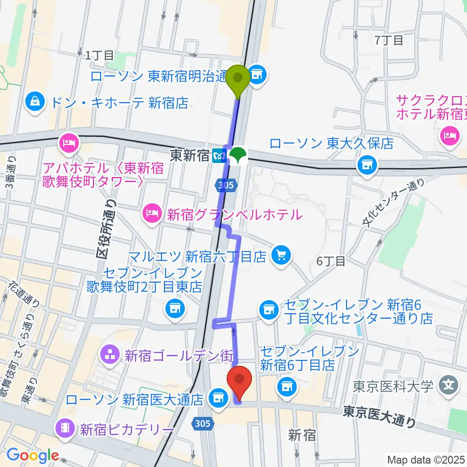 東新宿駅から新宿レフカダへのルートマップ地図