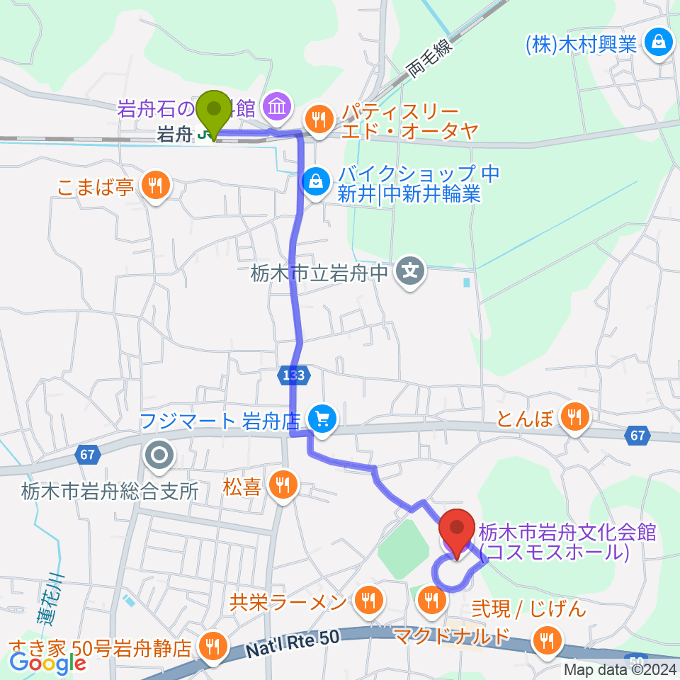 岩舟文化会館コスモスホールの最寄駅岩舟駅からの徒歩ルート（約22分）地図