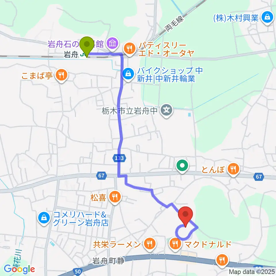 岩舟文化会館コスモスホールの最寄駅岩舟駅からの徒歩ルート（約22分）地図