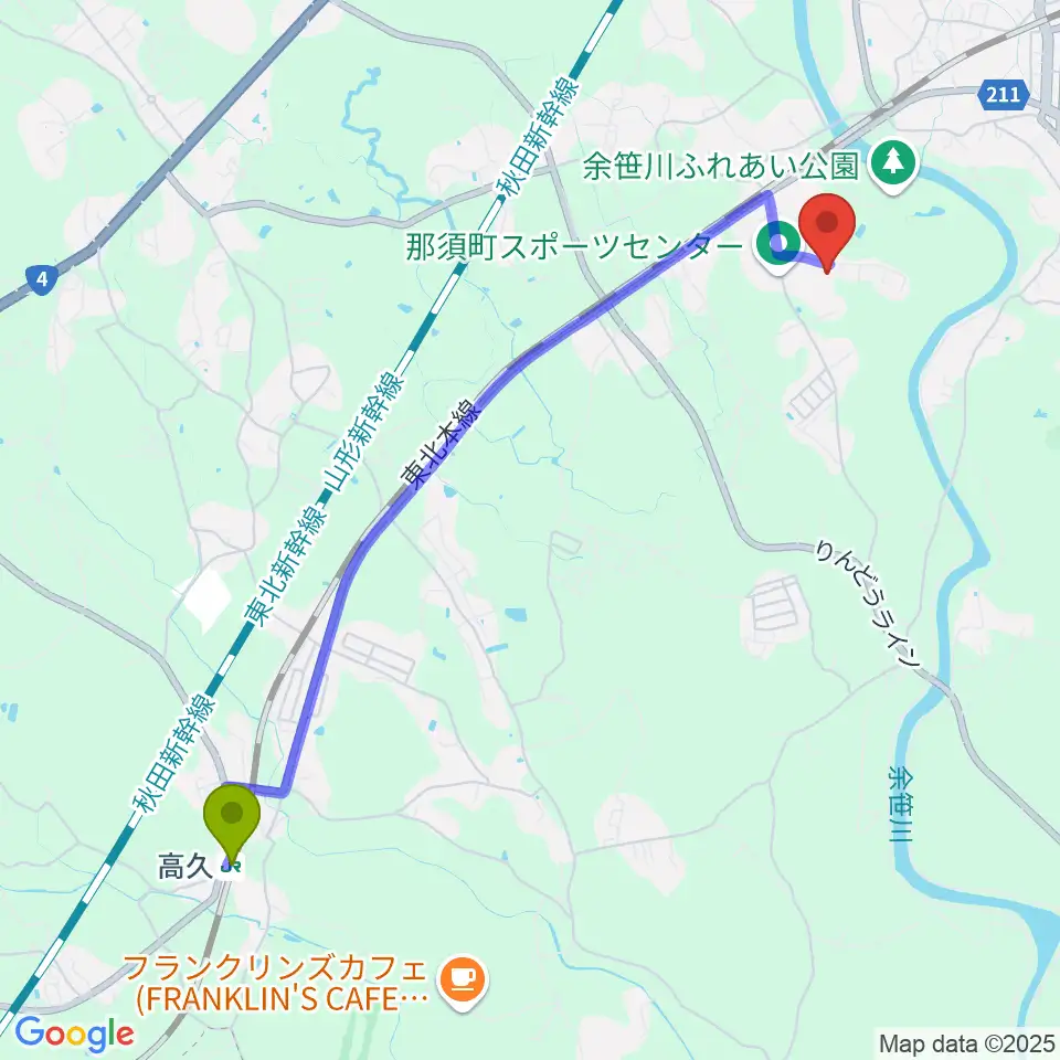 高久駅から那須町文化センターへのルートマップ地図