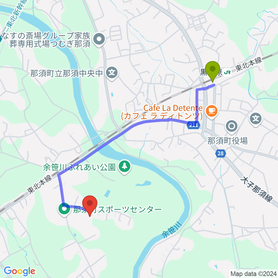 那須町文化センターの最寄駅黒田原駅からの徒歩ルート（約20分）地図